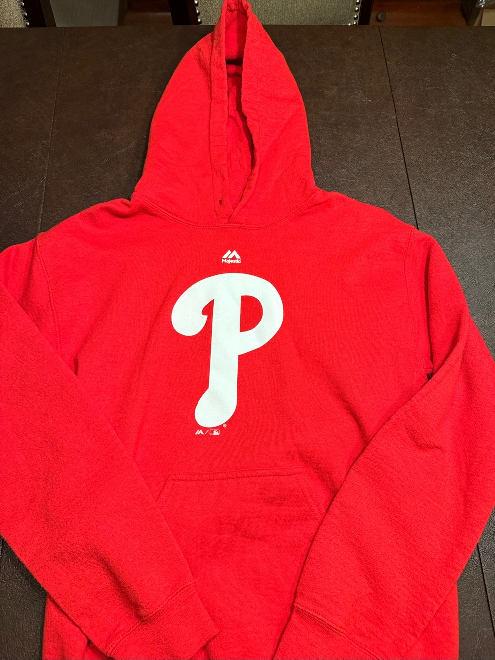 Majestic Red Phillies Pullover Sweatshirt with White Neck Logo